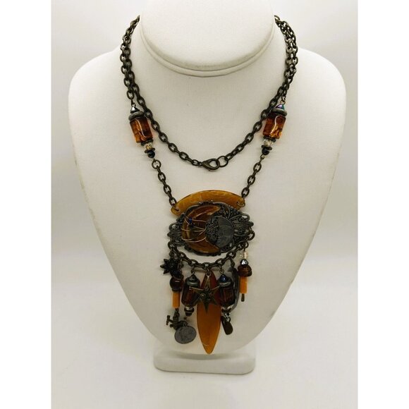 Moon & Stars Necklace Acrylic Steampunk Celestial Charm Gunmetal Chain BoHo Chic - Picture 2 of 16